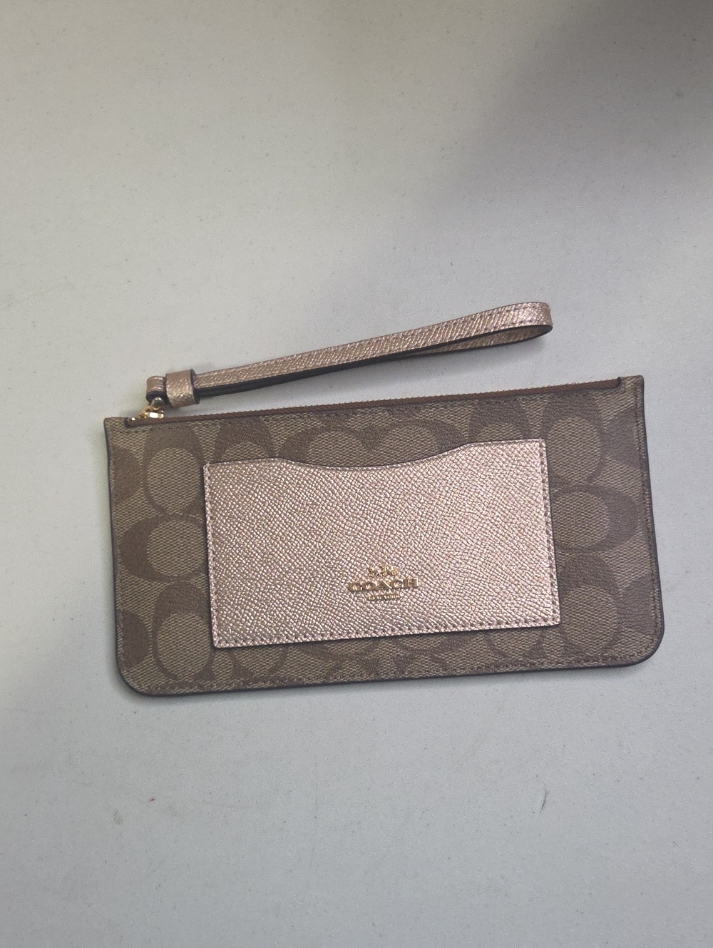 Coach Brown Signature Canvas Wristlet with Metallic Rose Pocket